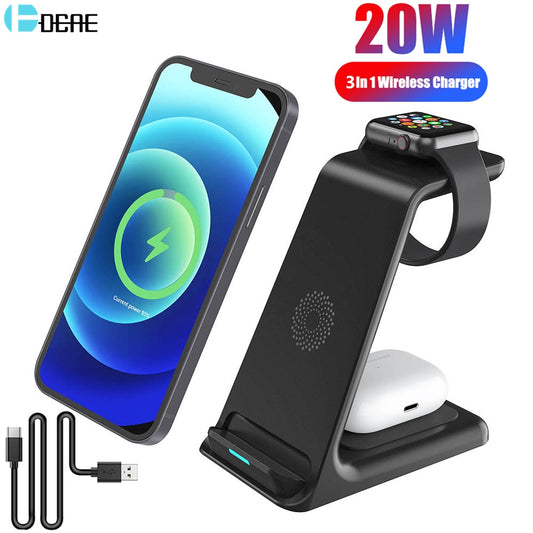 20W Wireless Charger Stand For IPhone 14 13 12 11 XR 8 Apple Watch 3 In 1 Qi Fast Charging Dock Station for Airpods Pro IWatch 7